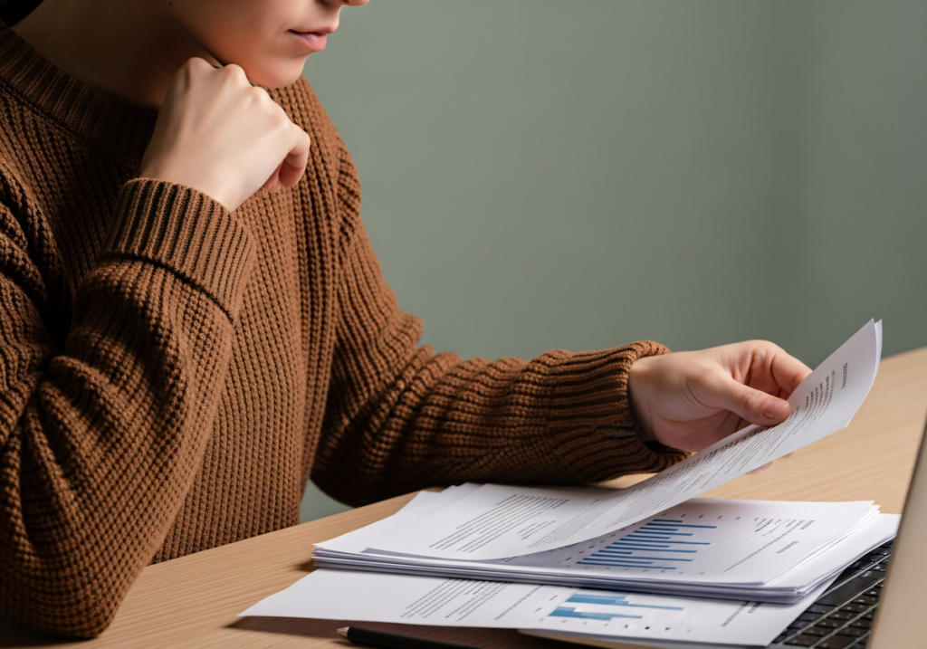 A person in a brown sweater reviews documents with charts at a desk, accompanied by a laptop, in a calm and focused setting.