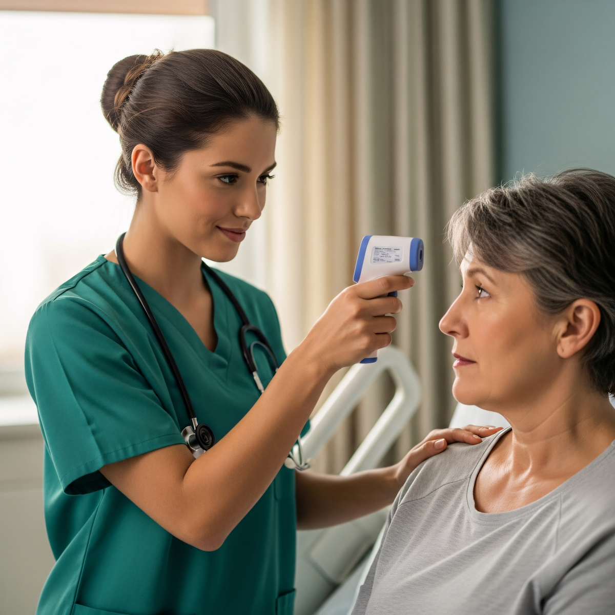 A nurse in green scrubs checks the temperature of a seated patient in a clinical setting, showcasing professional healthcare interaction.