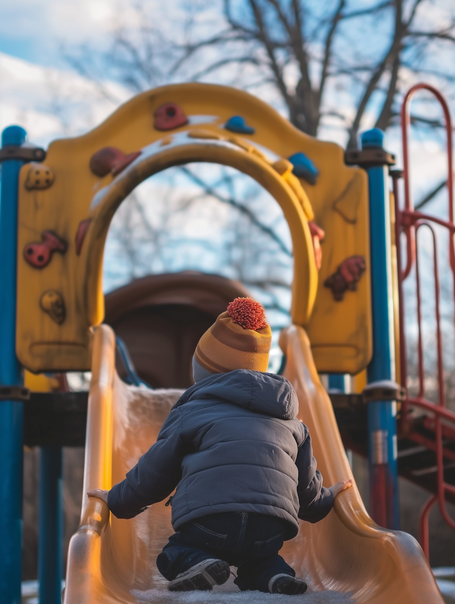 Child in winter attire climbing a colorful playground slide on a chilly day, surrounded by bare trees and a cloudy sky.