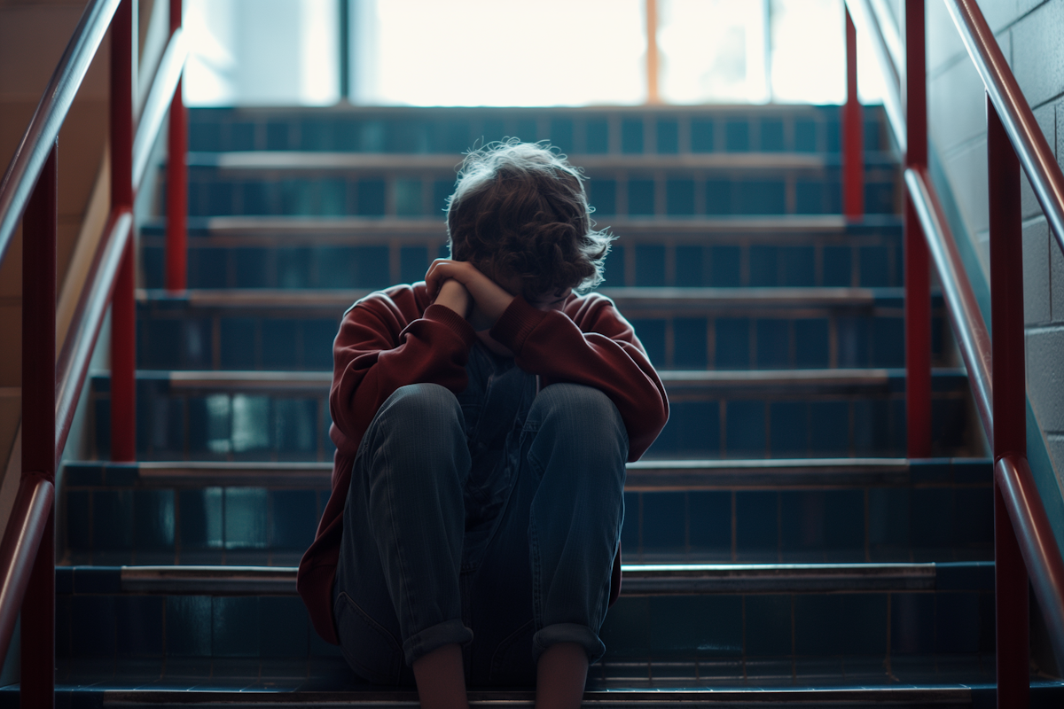A person in a red sweater sits on stairs, head down, in a contemplative pose. Soft light from a window creates a somber atmosphere.
